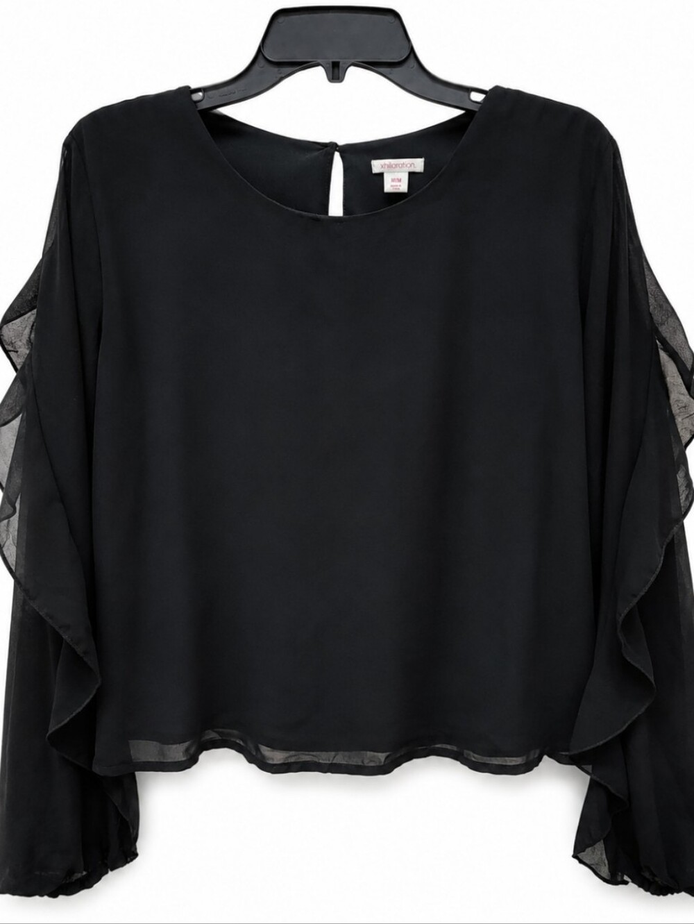 Xhilaration Women's Size Medium Black Ruffle Sleeve Chiffon Blouse